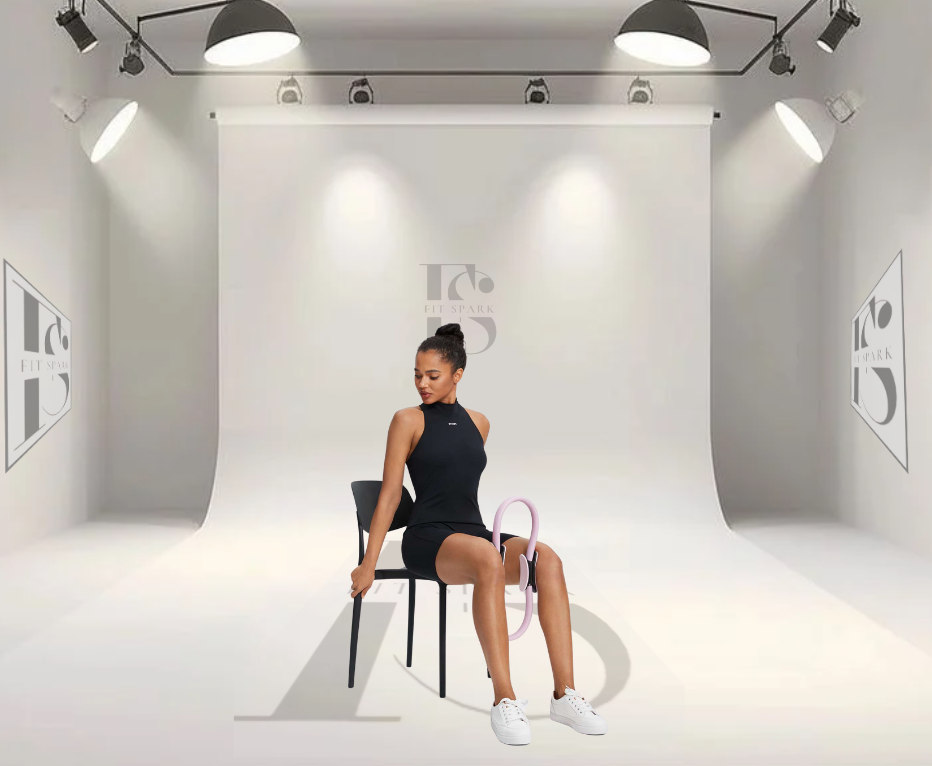 Femme en tenue de sport noire assise sur une chaise, utilisant un accessoire de massage FITSPARK dans un studio moderne avec éclairage profesionnel 